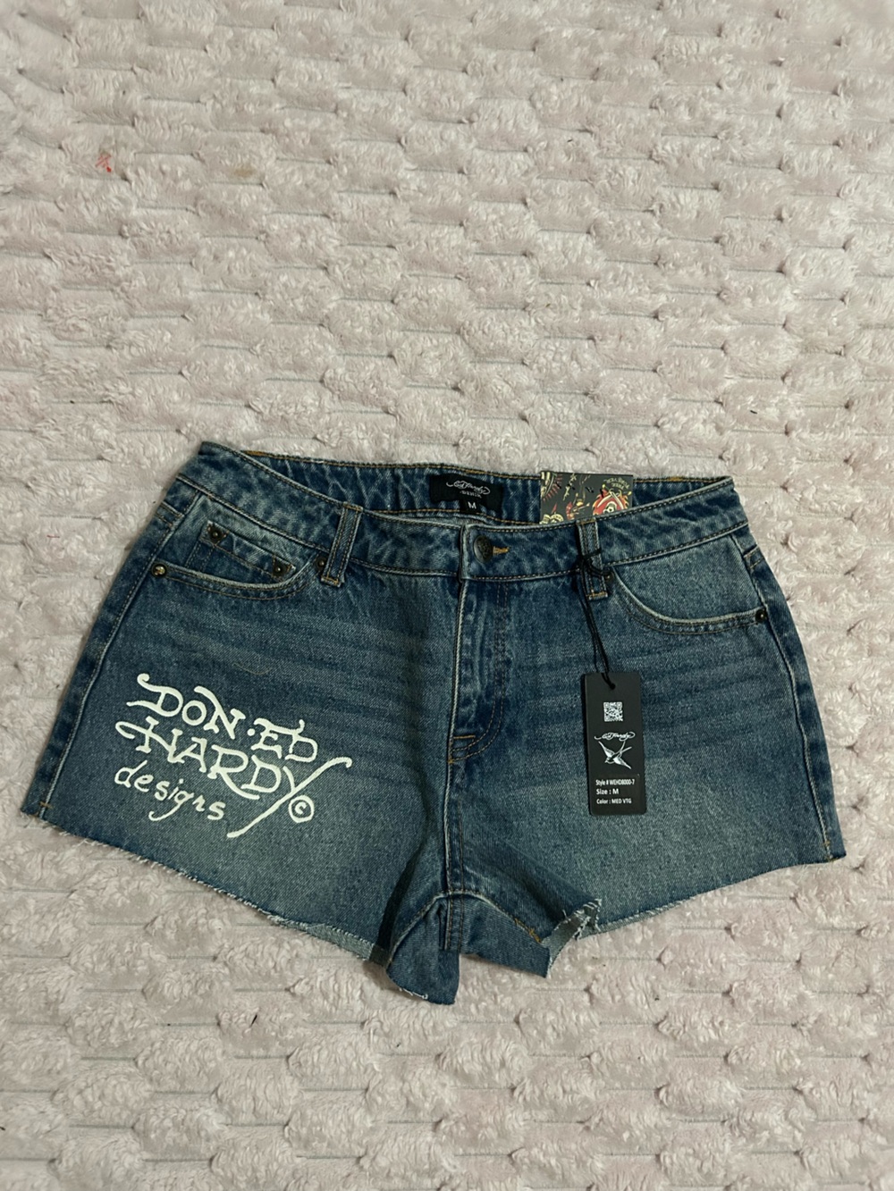 Ed Hardy Dark Blue Denim Shorts with White Script Logo